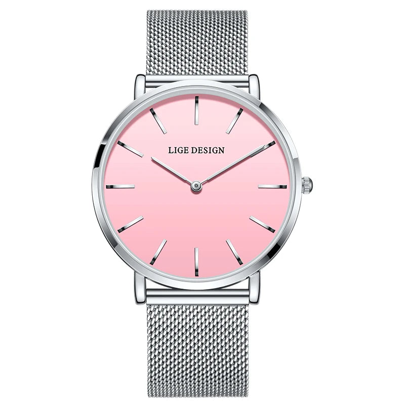 Women's Minimalist Quartz Watch with Stainless Steel Mesh Band — Silver Tone / Pink Dial