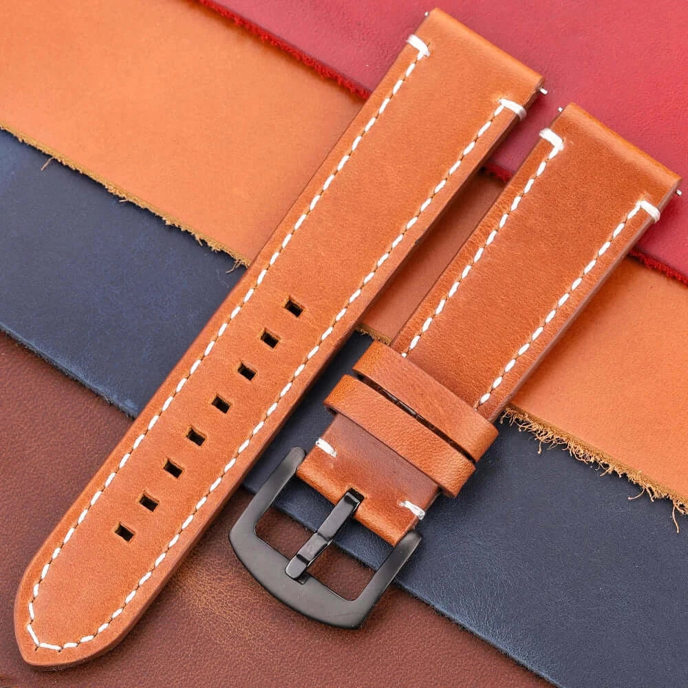 Contrast-Stitched Leather Buckle Band in Cognac / Black Buckle for compatible Huawei watches