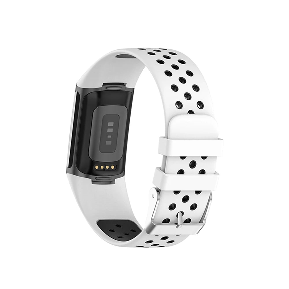 Fitbit Charge 5/6 Perforated Silicone Buckle Band - White and black band rear view