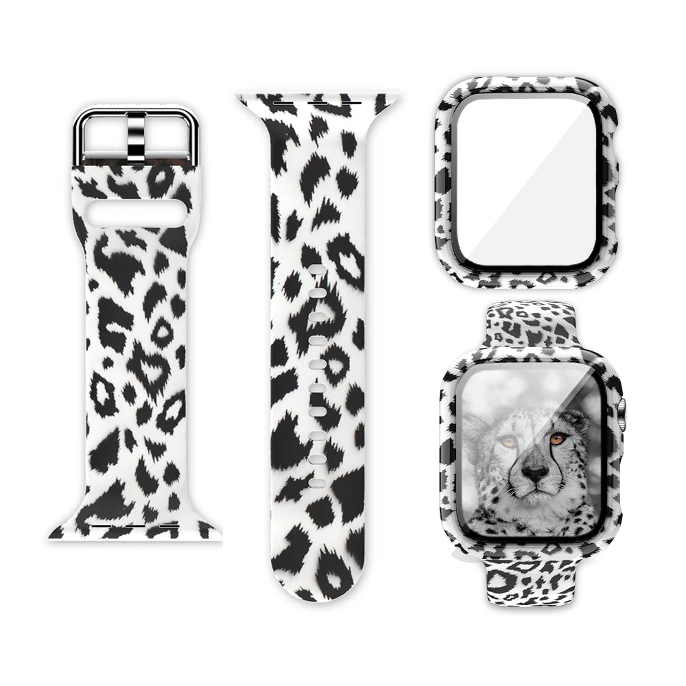 Printed Silicone Apple Watch Band - Floral & Animal Patterns in Black-and-White Leopard