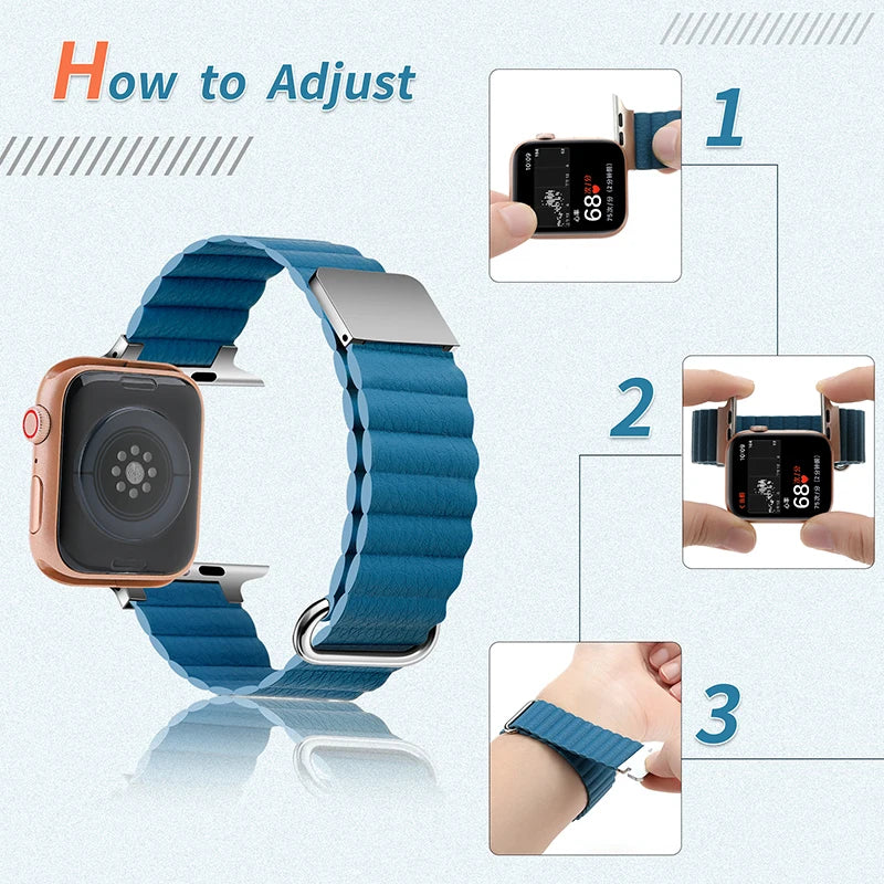 Illustrated fold-back loop adjustment steps for Apple Watch