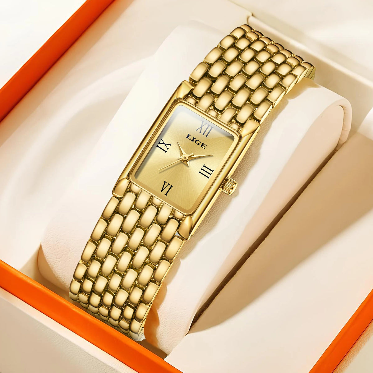 Women's Rectangular Roman Dial Bracelet Watch — Gold-tone watch in presentation box — BandsCo Straps