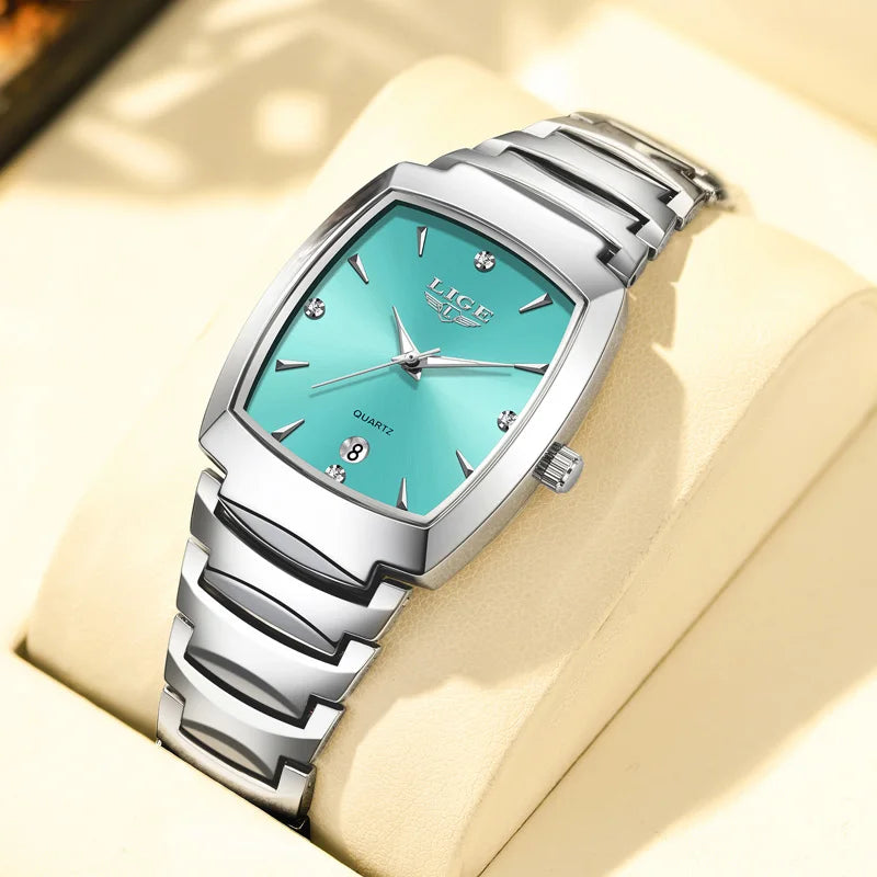 Women's Tonneau Date Quartz Bracelet Watch — Silver Tone / Turquoise Dial — BandsCo Straps