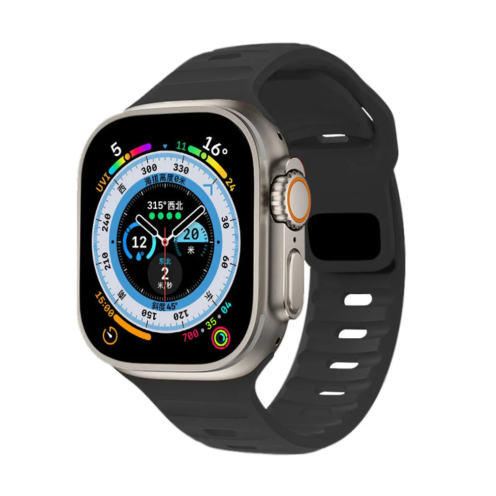 Slotted Silicone Apple Watch Band with Metal Buckle in Black