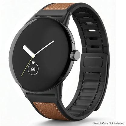Black / Brown Google Pixel Watch 5, 4 and 3 45mm Litchi Leather Magnetic Band