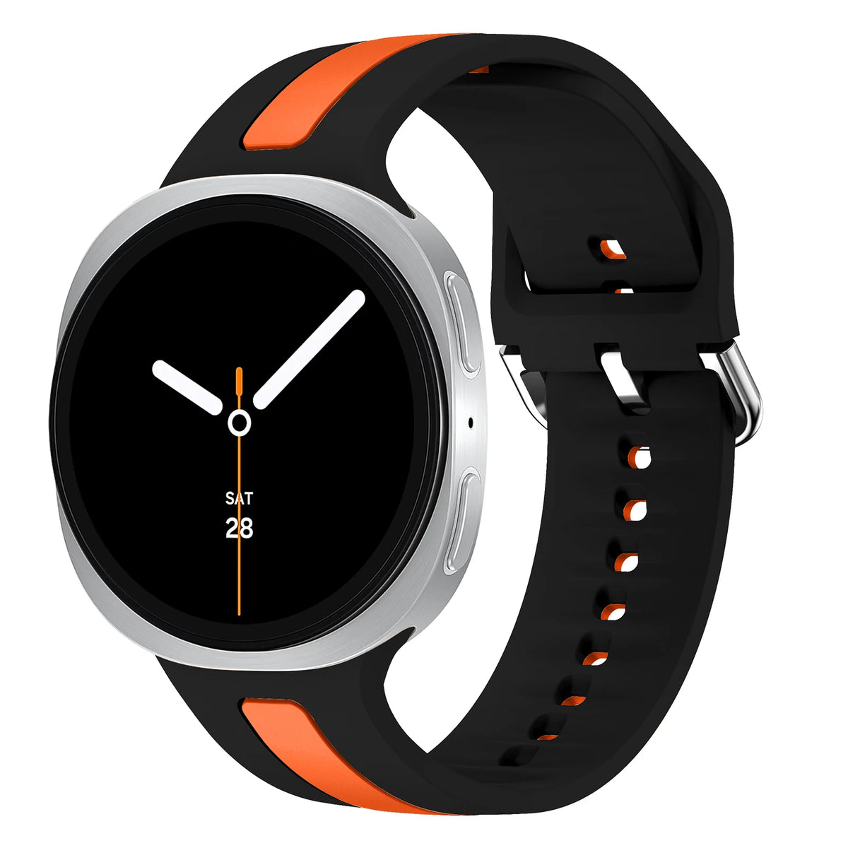 Samsung Galaxy Silicone Two-Tone Sport Watch Band - Watch8/Watch8 Classic/Watch9 in black and orange, designed for comfort during workouts.