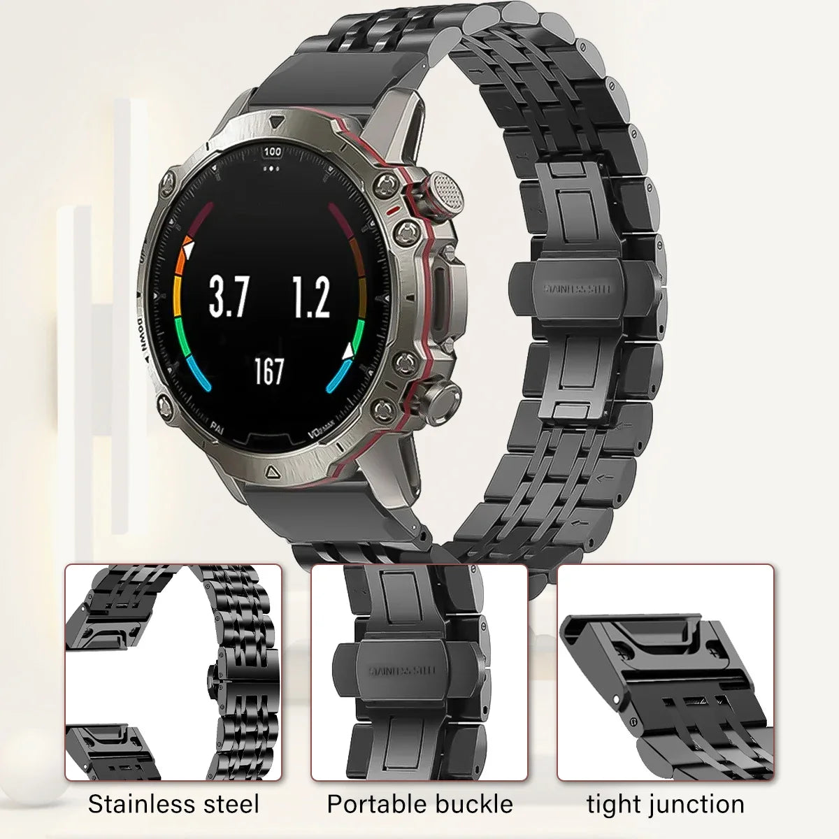 Garmin QuickFit Stainless Steel Multi-Link Band black bracelet shown on a watch with link and connector details
