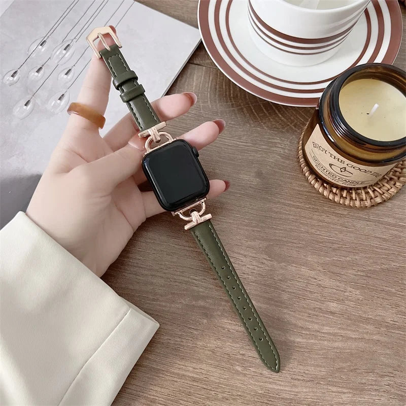 Rose Gold / Forest Green slim leather Apple Watch band with decorative connectors