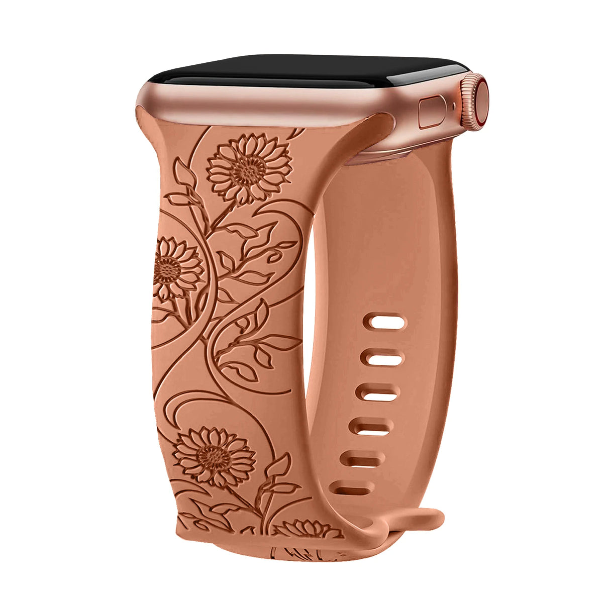 Engraved Botanical Silicone Apple Watch Band in Tan / Sunflower Vine
