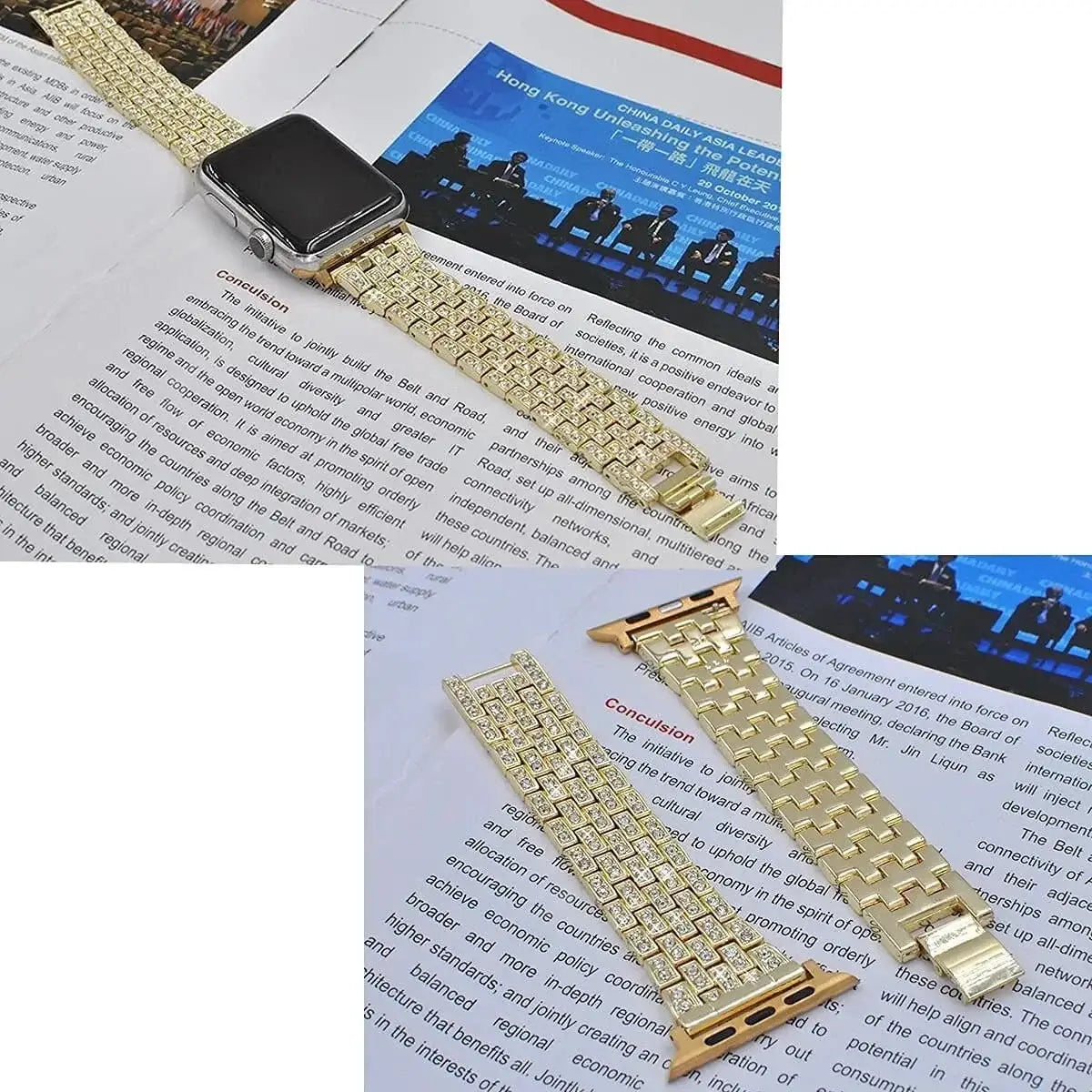 Gold rhinestone Apple Watch bracelet displayed on a magazine