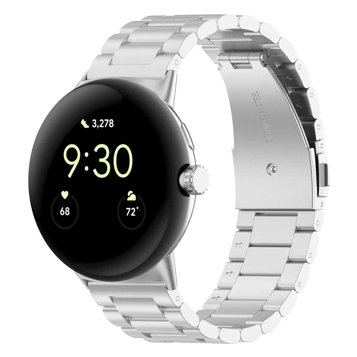 Front view of silver steel Pixel Watch bracelet