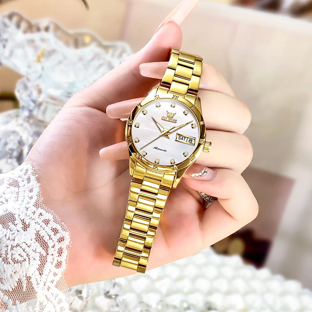 Women's Automatic Pearl-Effect Day-Date Watch — Gold Tone / White Dial — BandsCo Straps