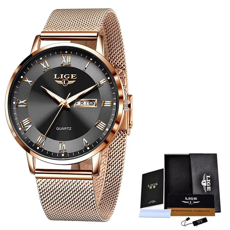 Women's Rose Gold-Tone Mesh Day-Date Watch — Rose Gold Tone / Black Dial — BandsCo Straps