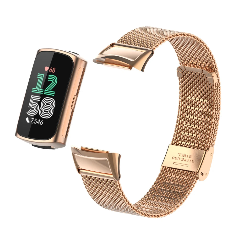 Rose Gold Fitbit Charge 5 and 6 Stainless Steel Mesh Band with Clasp