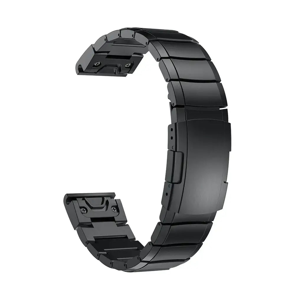 Garmin QuickFit Stainless Steel Flat-Link Band in Black showing the clasp