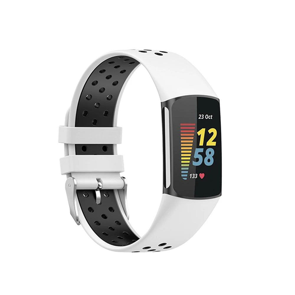 Fitbit Charge 5/6 Perforated Silicone Buckle Band - White and black band front view
