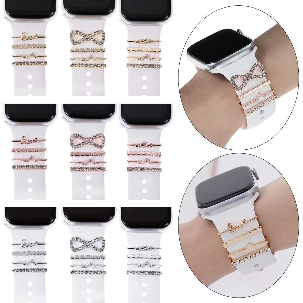 Decorative metal charms for Apple Watch bands on stylish wrist, showcasing elegance and personalization.
