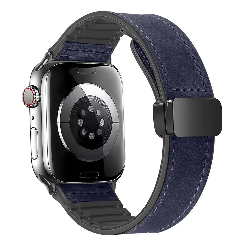 Navy Blue stitched leather Apple Watch band with magnetic clasp
