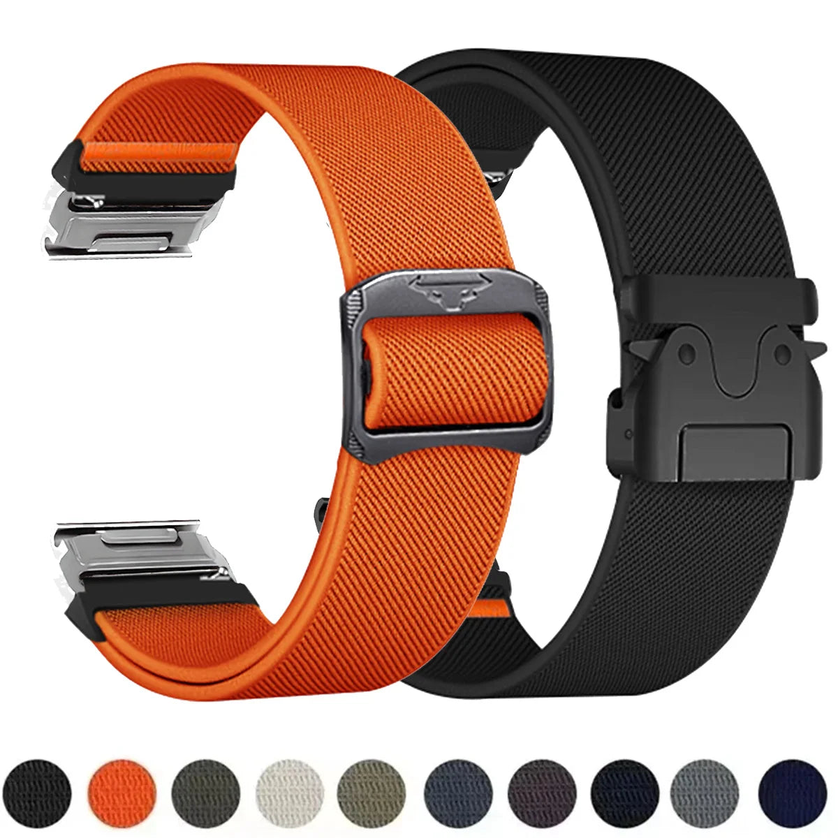Garmin QuickFit Nylon Band - Clasp and Slider Styles orange and black nylon straps with closure views and color swatches