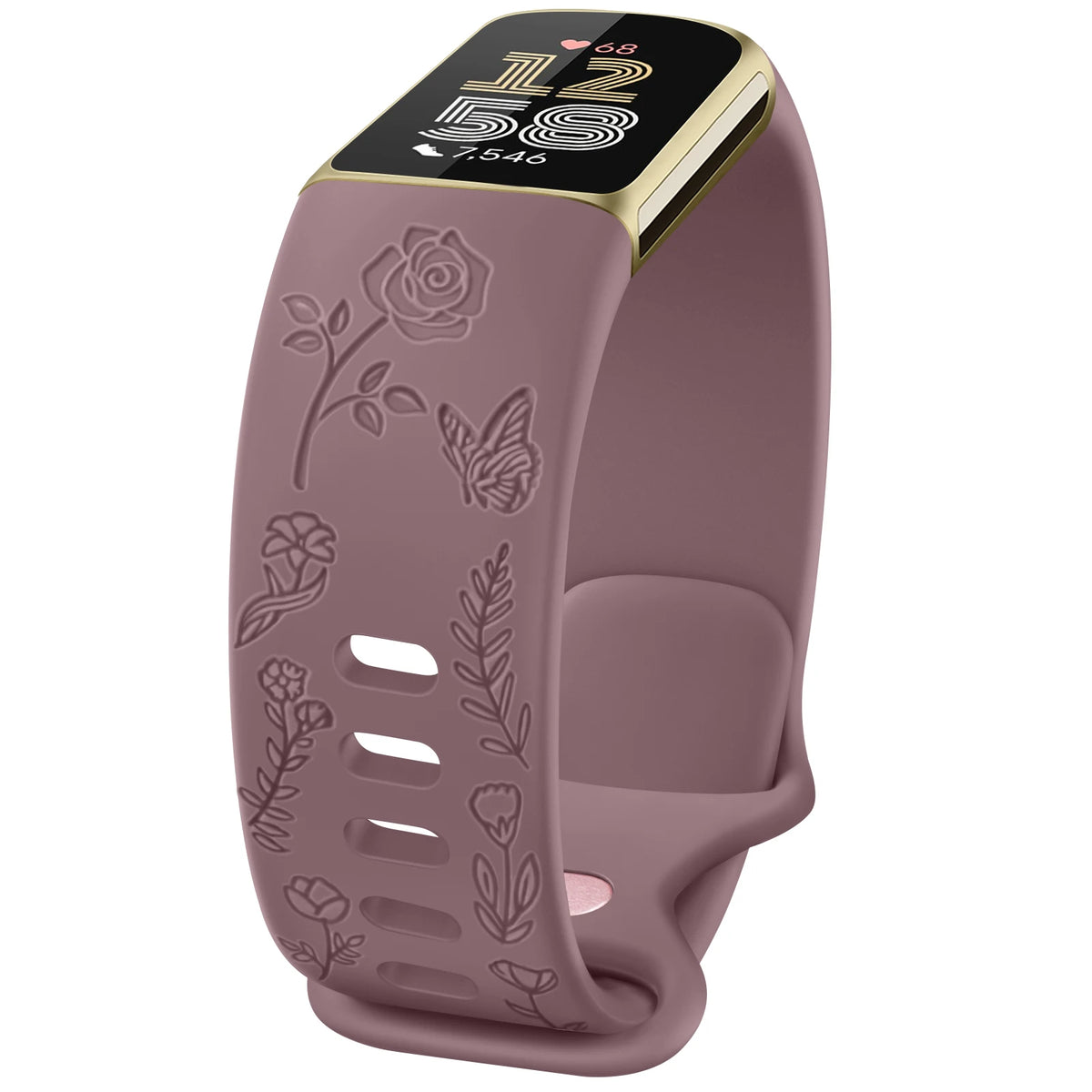 Smoky Purple Fitbit Charge 5 and 6 Floral Engraved Band, Soft TPU