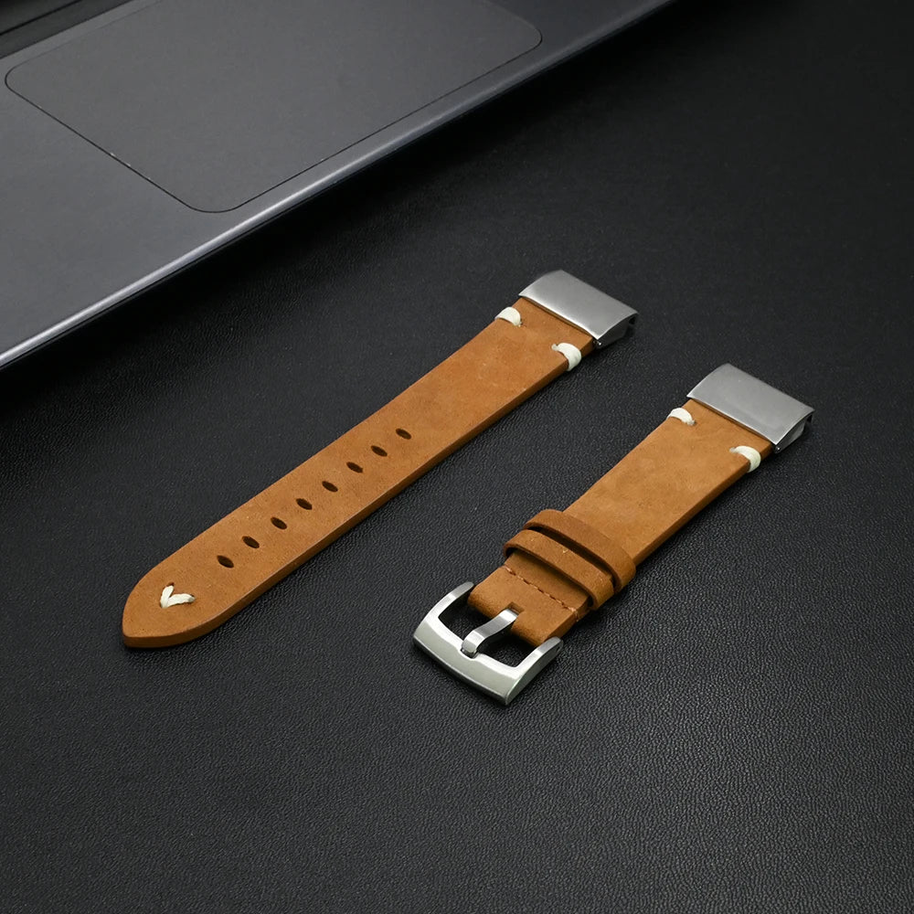 Garmin QuickFit Leather Band with Stitch Accents in Tan / Silver
