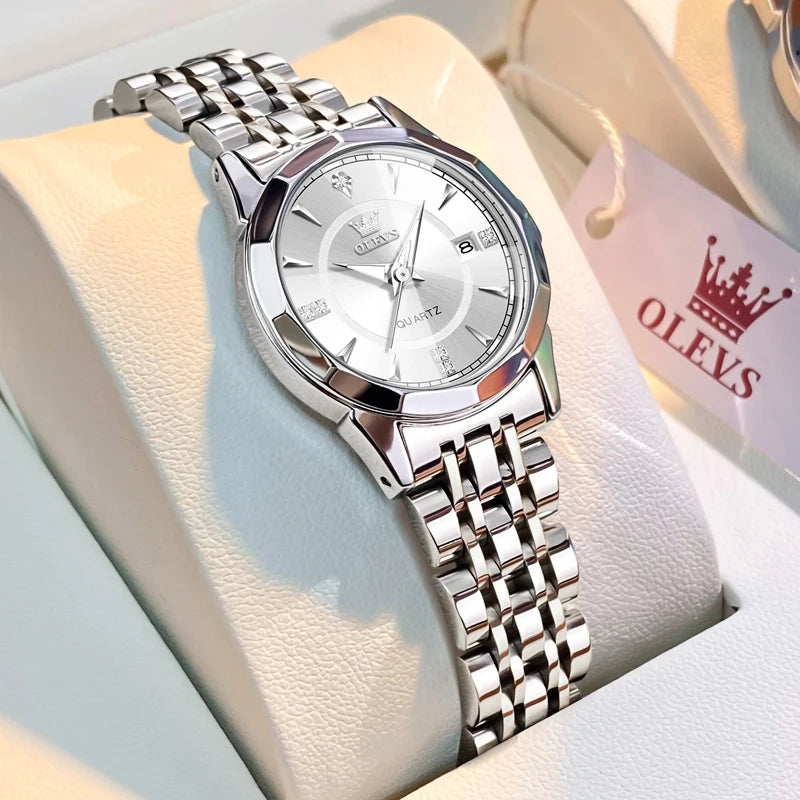 Women's Faceted Dial Quartz Bracelet Watch — Silver Tone / White Dial — BandsCo Straps