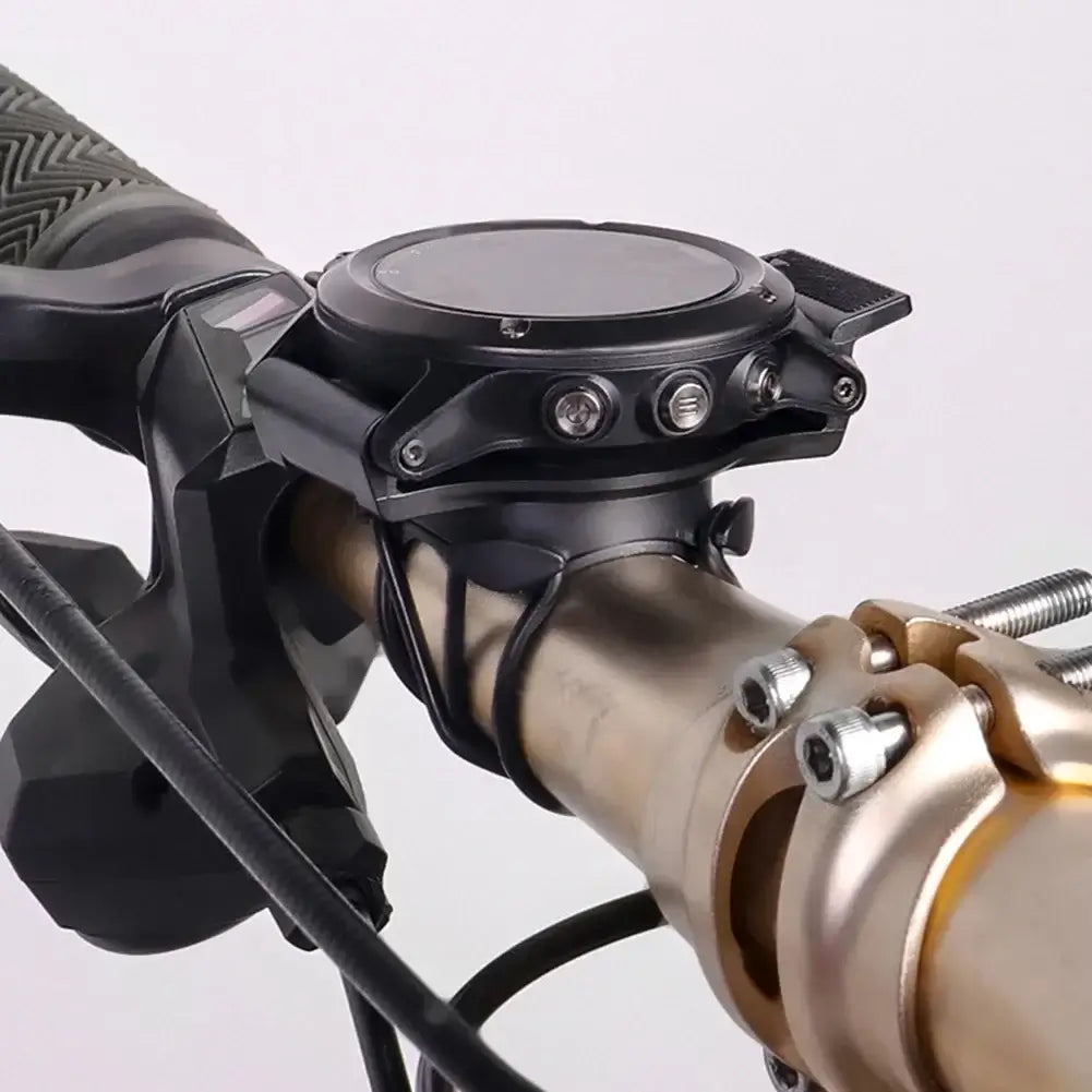 Garmin smartwatch securely mounted on a bike handlebar, showcasing durability and stylish design for outdoor adventures.