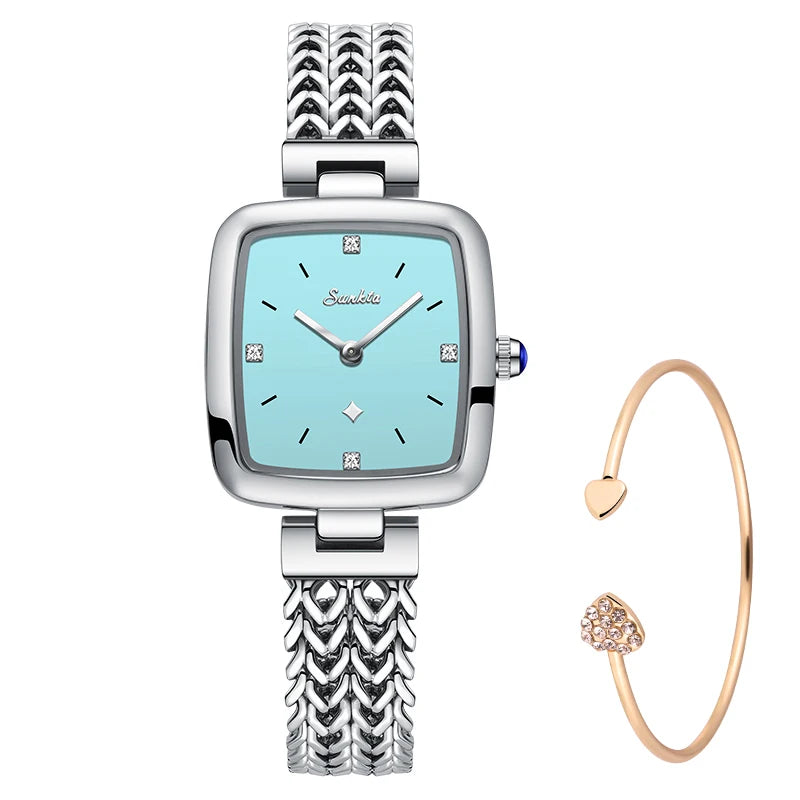 Women's Square Quartz Watch with Braided-Link Bracelet — Silver Tone / Aqua Dial