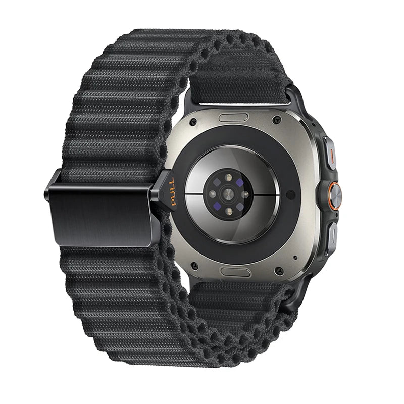 Samsung Galaxy Nylon Loop Watch Band - Ultra/Ultra2 No Gaps Strap in black-deep grey showing a secure fit on a 47mm device.