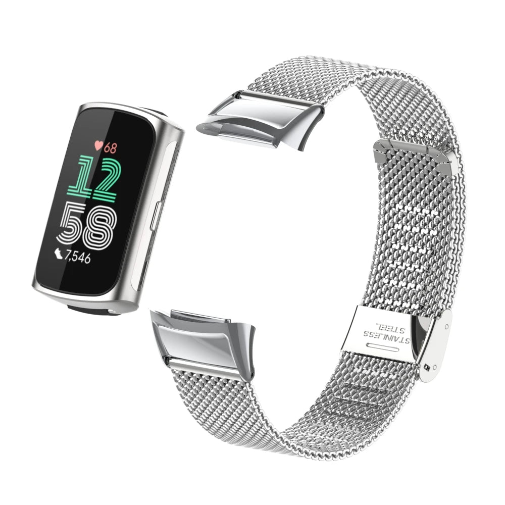 Silver Fitbit Charge 5 and 6 Stainless Steel Mesh Band with Clasp