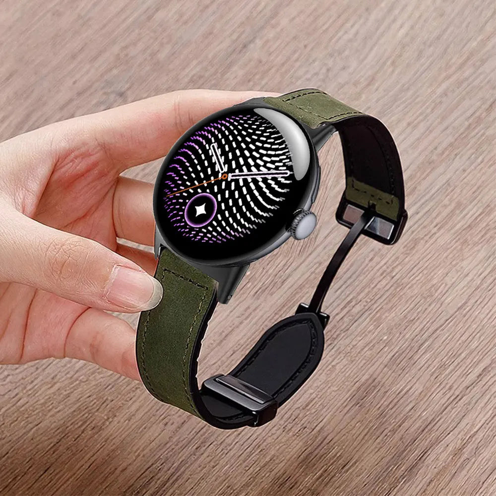 Green Google Pixel Watch 5, 4 and 3 Leather and Silicone Band, Magnetic Clasp