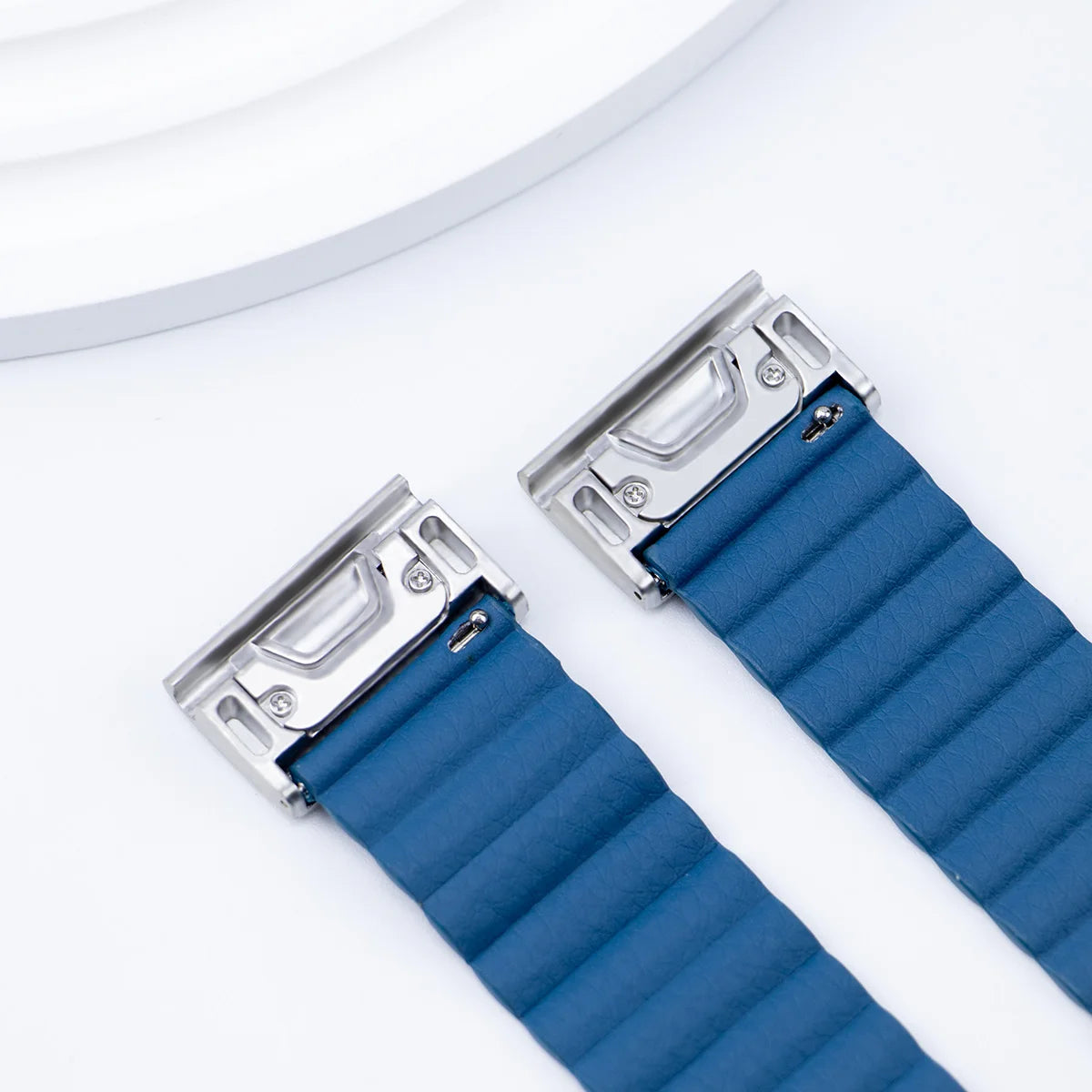 Garmin QuickFit Ribbed Magnetic Leather Band blue strap showing QuickFit connectors