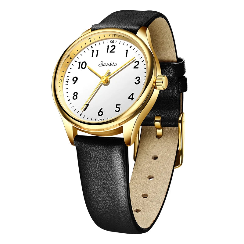Women's Arabic Numeral Quartz Watch — Black Strap / Gold Tone / White Dial — BandsCo Straps