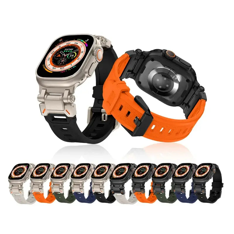 Silicone Apple Watch bands with metal connectors and a color preview strip