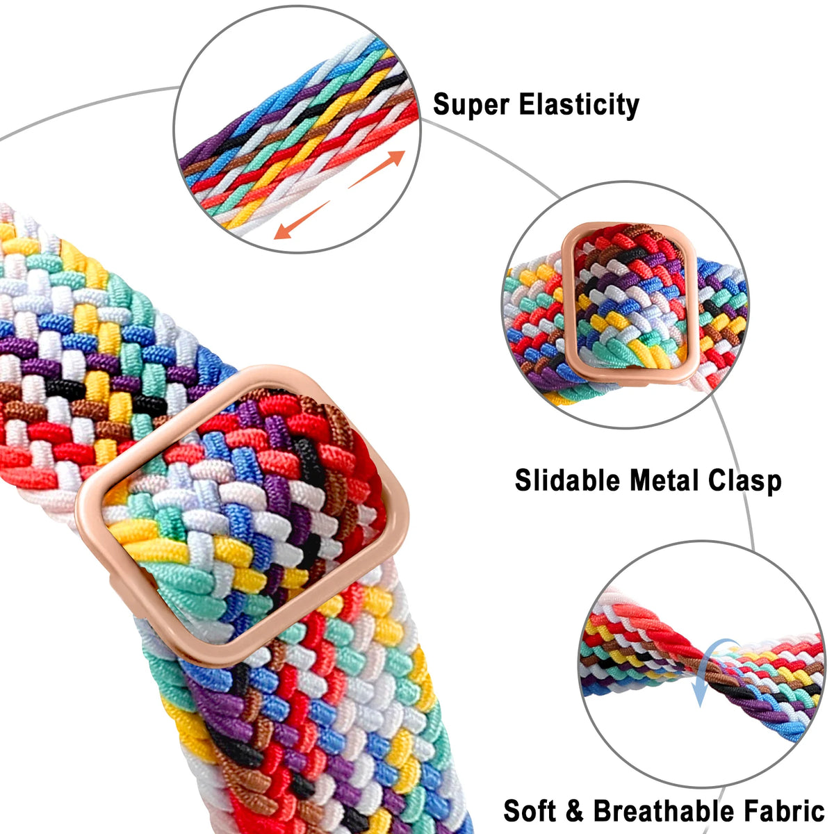 Close-up of rainbow braided nylon fabric and sliding metal adjuster