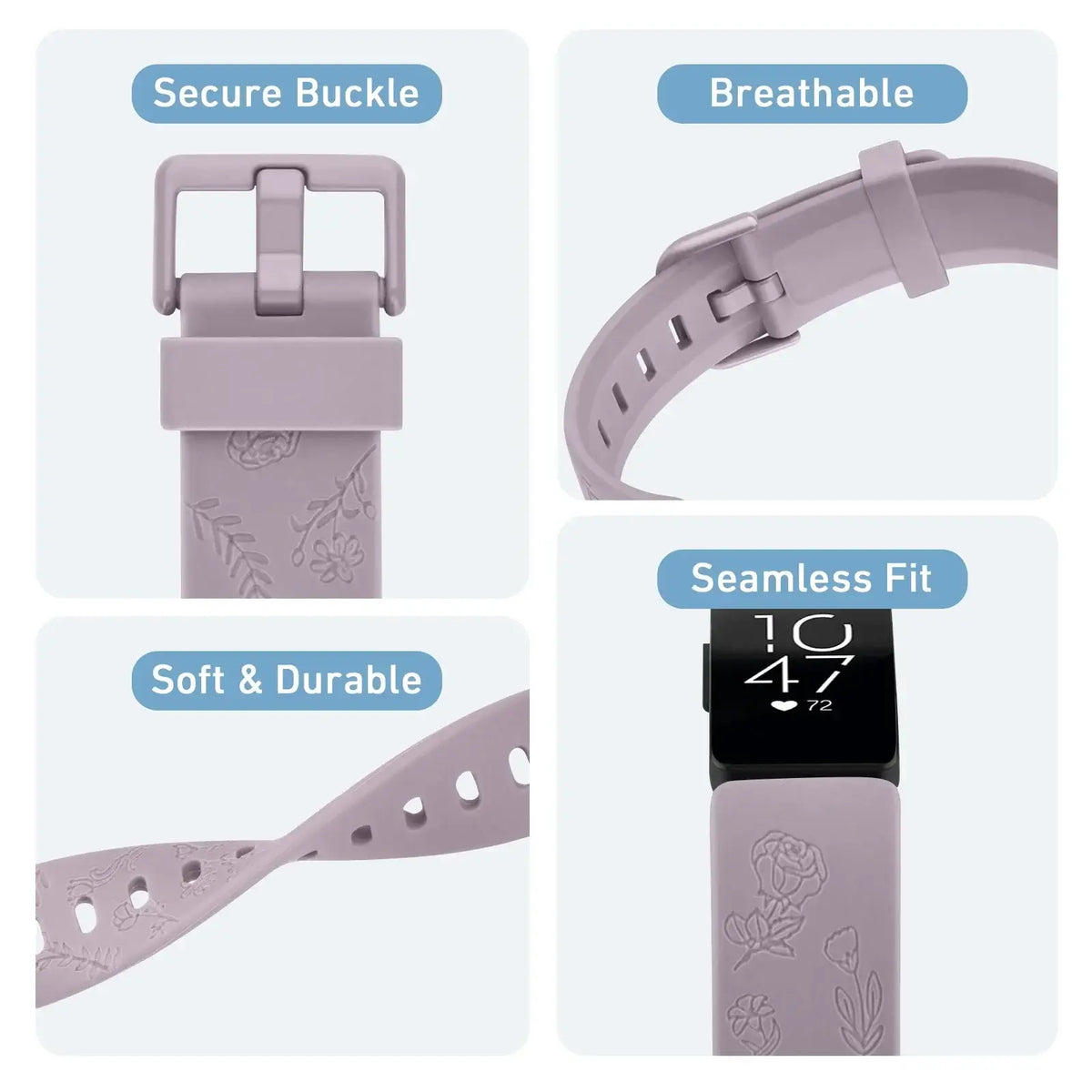 Fitbit Inspire 3 Floral-Engraved Silicone Band - Buckle and engraved pattern detail