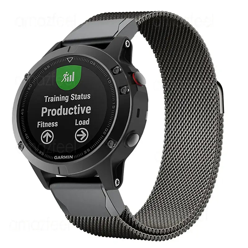 Garmin QuickFit Magnetic Milanese Mesh Band in Black shown on a watch