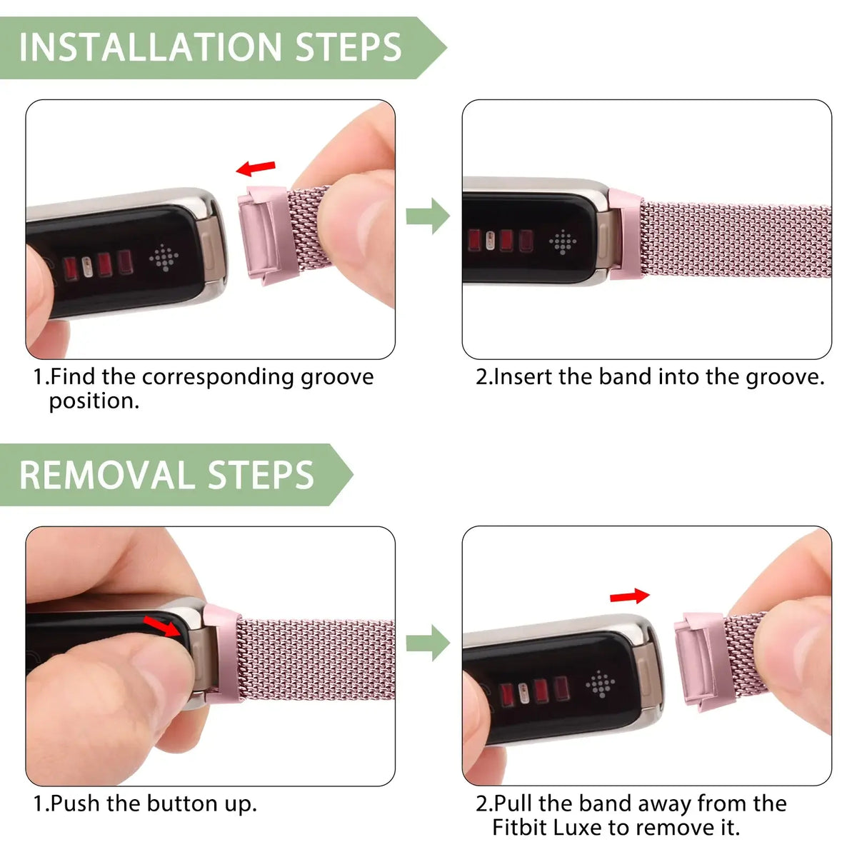Fitbit Luxe Magnetic Stainless Steel Mesh Band - Band attachment and removal diagram