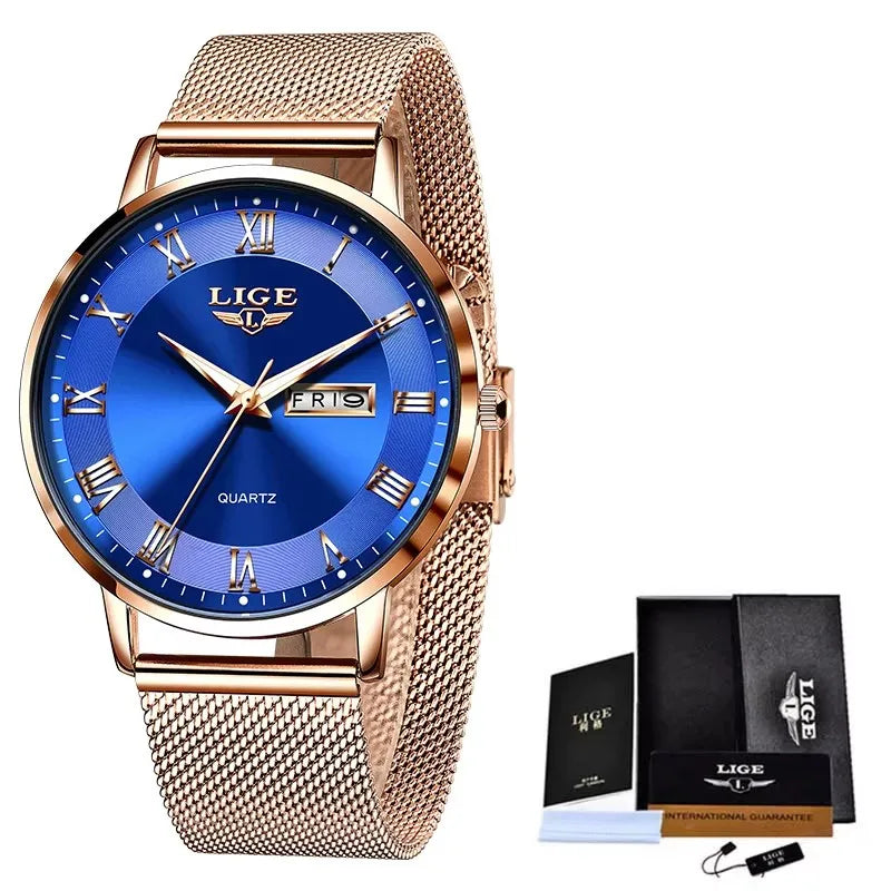 Women's Rose Gold-Tone Mesh Day-Date Watch — Rose Gold Tone / Blue Dial — BandsCo Straps