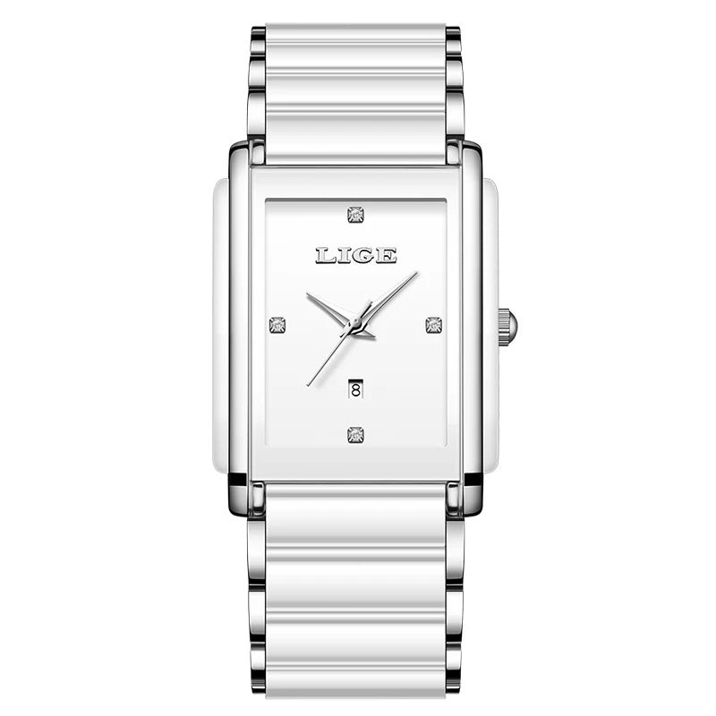 Women's Rectangular Ceramic Quartz Date Watch — White / Silver-Tone Accents