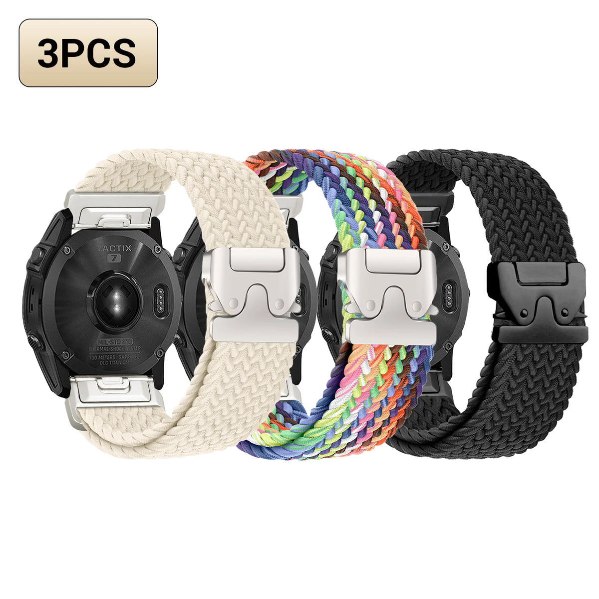 3-Pack Starlight, Rainbow & Black Garmin QuickFit 20/22/26mm Braided Stretch Nylon Band
