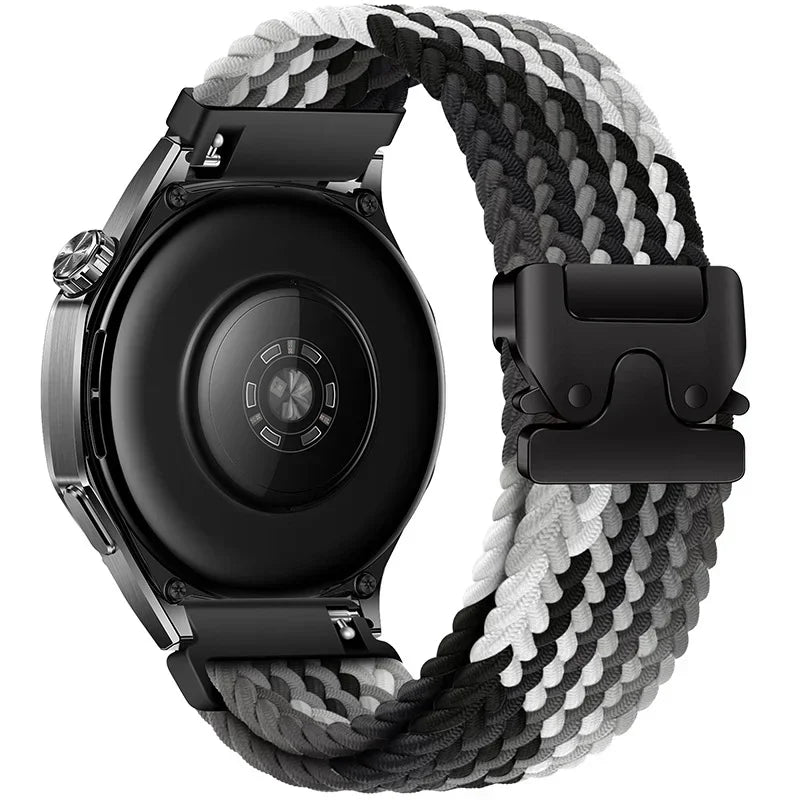 OnePlus Braided Nylon Parachute Buckle Watch Band Strap Replacement on black watch with woven design.
