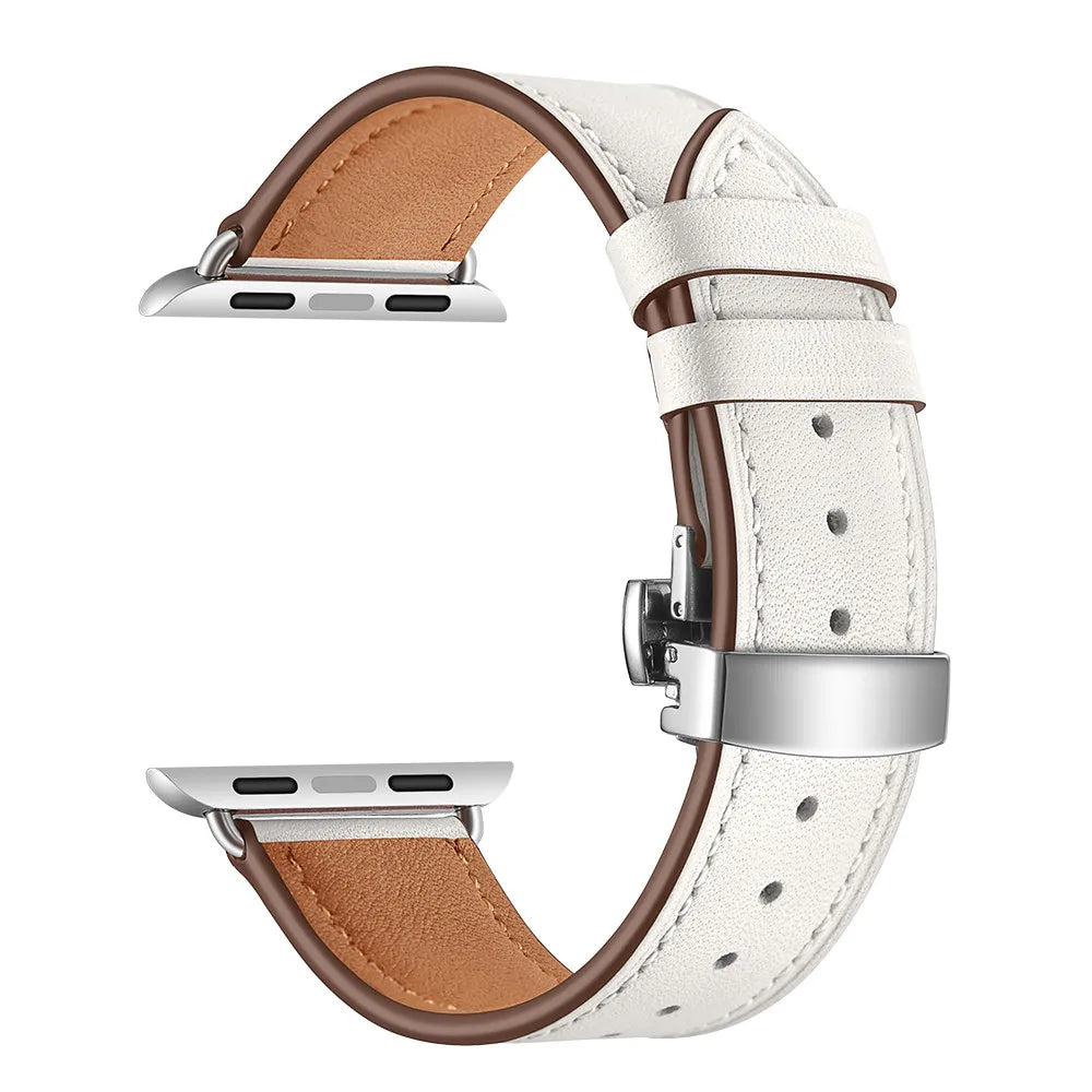Contrast-Stitched Leather Apple Watch Band with Folding Clasp in Silver / White