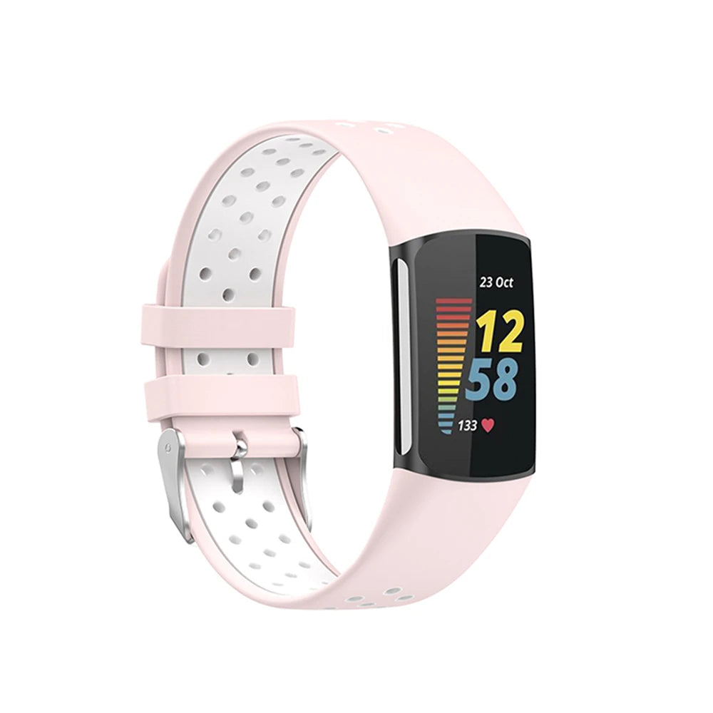 Fitbit Charge 5/6 Perforated Silicone Buckle Band - Pink and white band on tracker