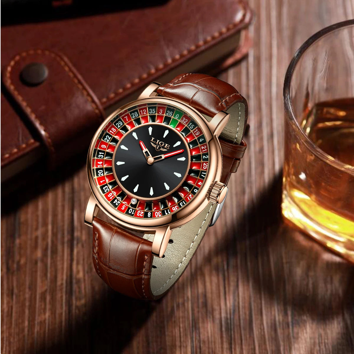 Women's Roulette Dial Leather Watch — Roulette watch on leather display — BandsCo Straps