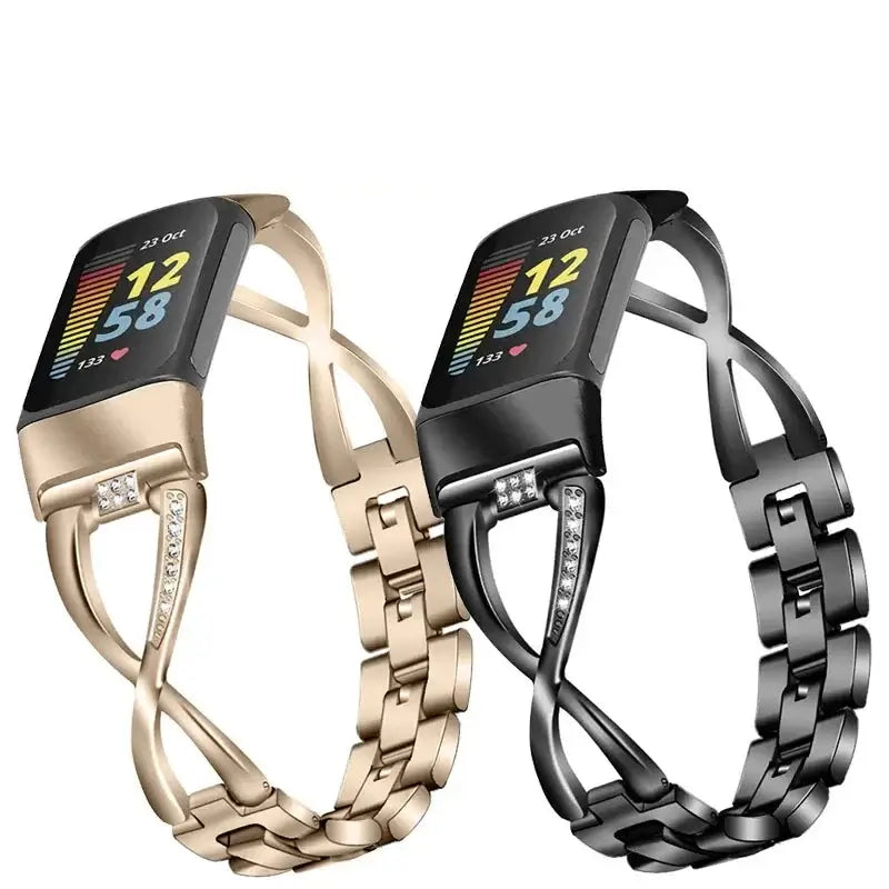Fitbit Charge 5 & 6 Infinity-Style Steel Bracelet champagne gold and black infinity-style bracelets shown on trackers