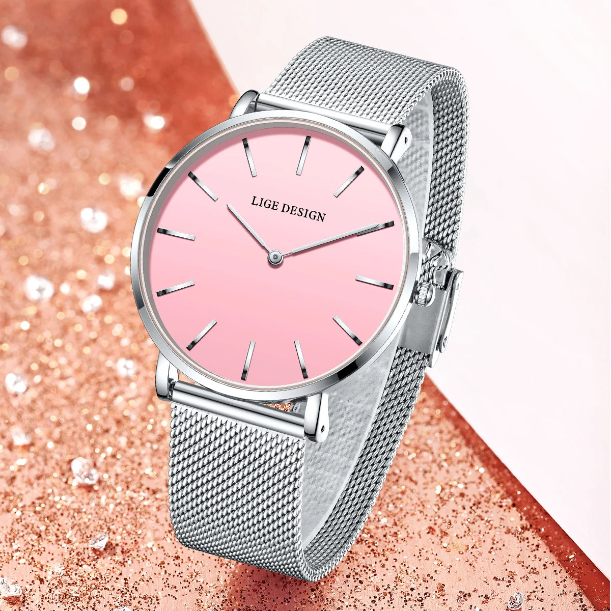 Women's Minimalist Quartz Watch with Stainless Steel Mesh Band — Pink dial and silver-tone mesh band