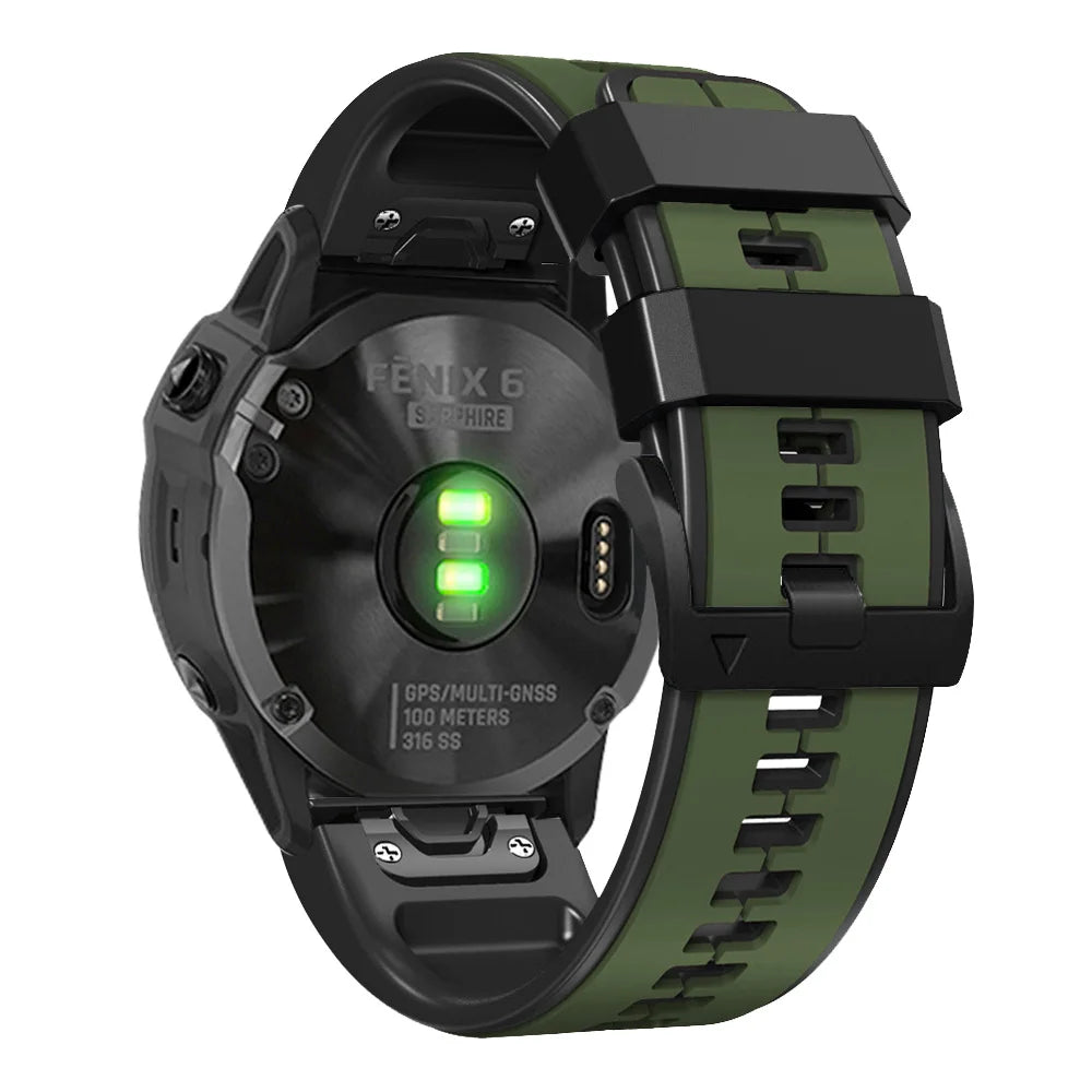 Garmin QuickFit Contrast-Panel Silicone Band army green and black band shown on a watch