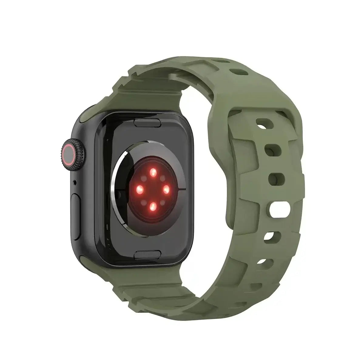 Rear view of the olive green ribbed silicone Apple Watch band.