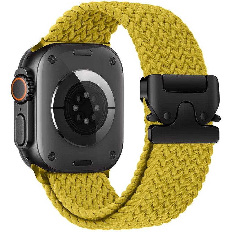 Mustard Yellow braided nylon Apple Watch band with parachute-style buckle